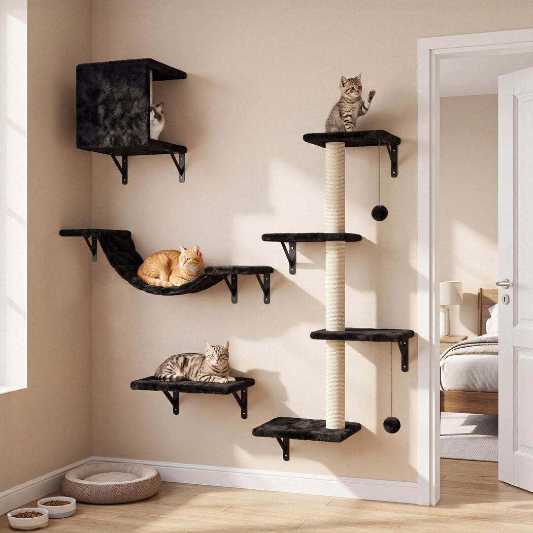 PaWz Cat Wall Shelves set 4 In 1 Modular with Sisal Scratcher for Indoor Black-2109799598774751239