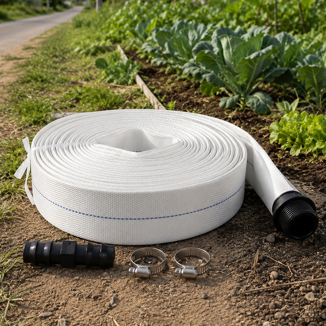 Traderight Hose Pipe Heavy 20m x 25mm Layflat PVC Pump Drainage with Clips White-2109799600821571591