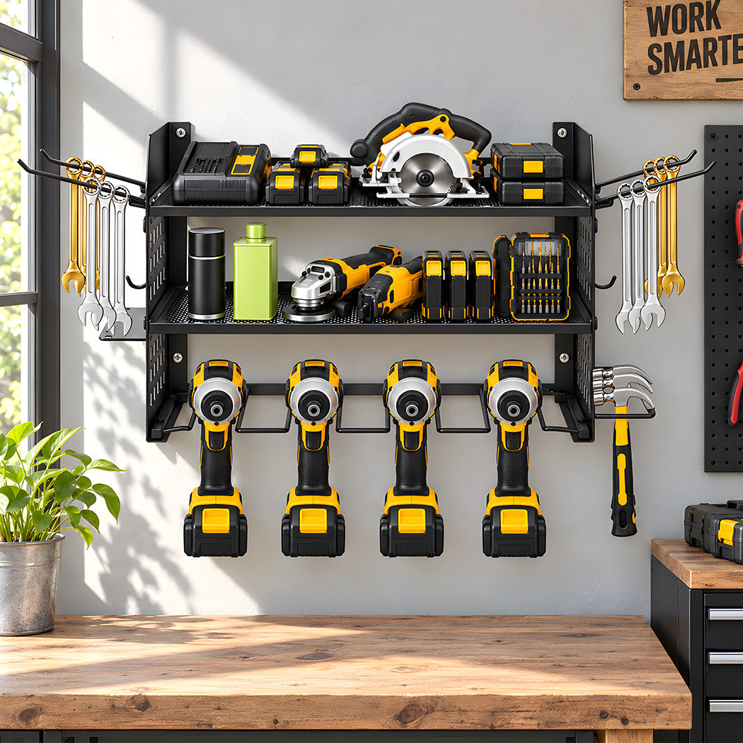 Levede Tool Storage Wall Mounted Tool Organiser Steel 3-Tier Rack Garage Black-2109799601542991879