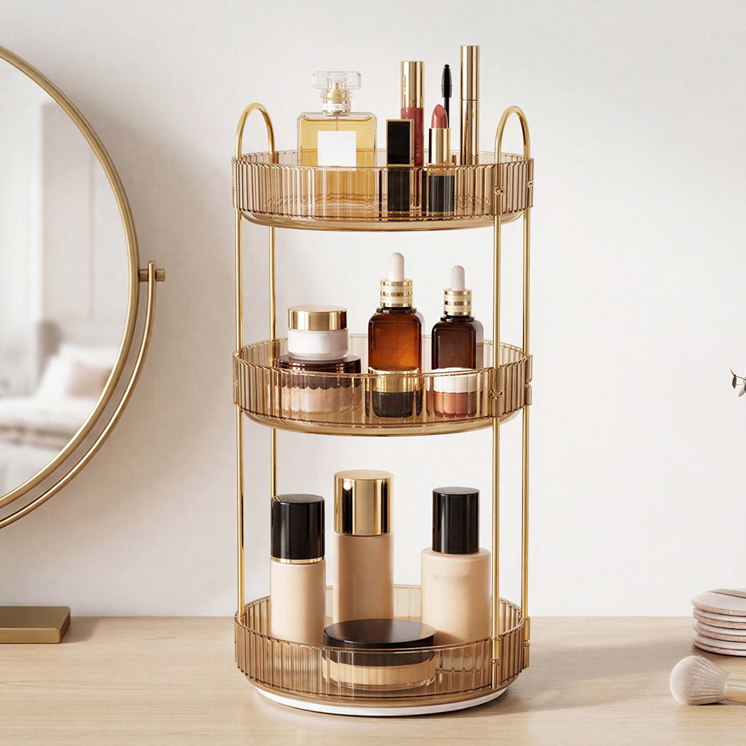 Ilus 360� Roating Makeup Organiser Vanity Countertop Shelf Cosmetic Holder Gold-2050056779160752134