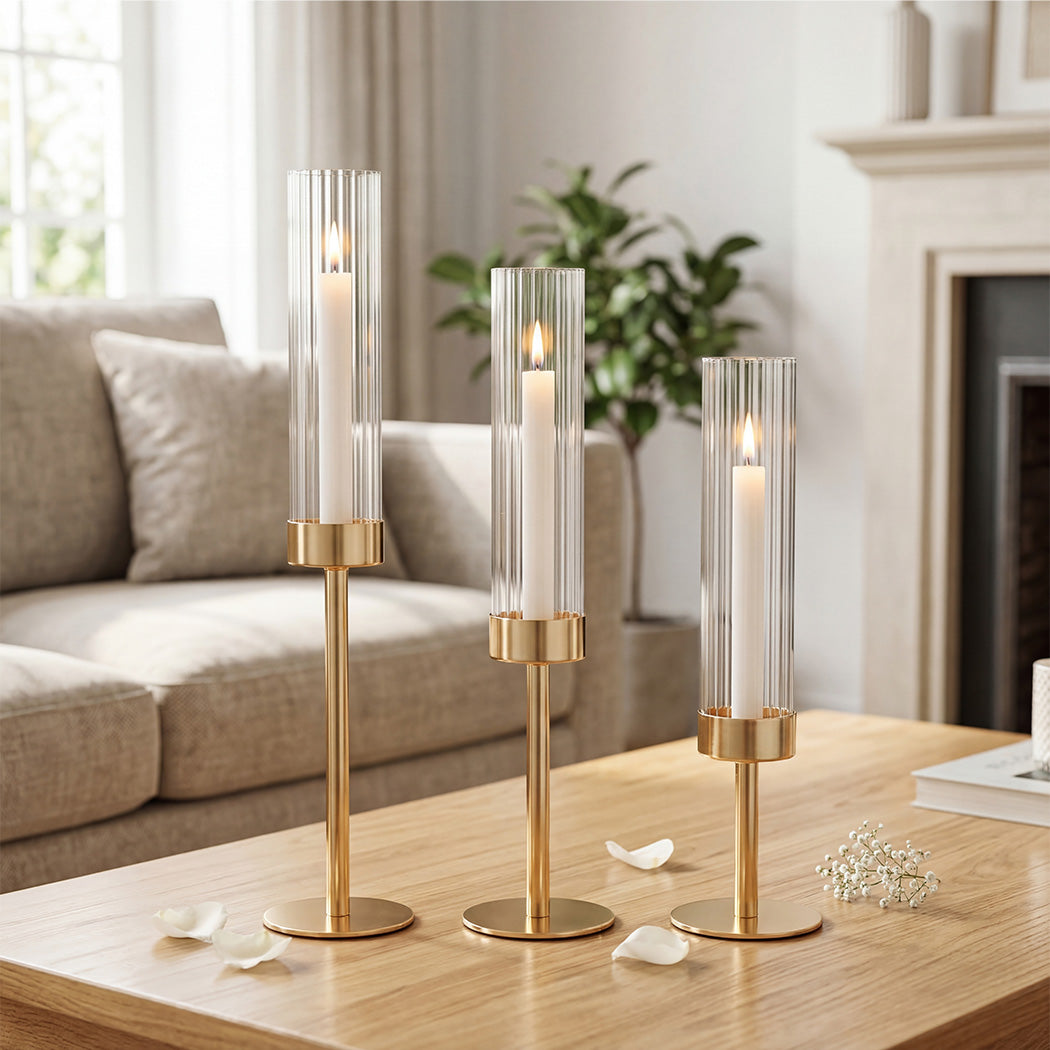 Levede Candle Holder 3Pc Removable Windproof Glass Shade Metal  Gold-2100034938635161607