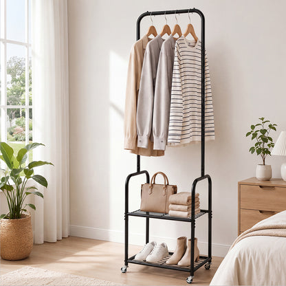 Levede Clothes Rack Heavy Duty Garment Rack 2 Shelf Locking Wheels Bedroom Black-2100034940497432583