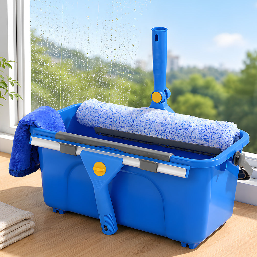 Traderight Window Cleaning Kit With Extendable Pole and Squeegee for Home Blue-2109799593783529480