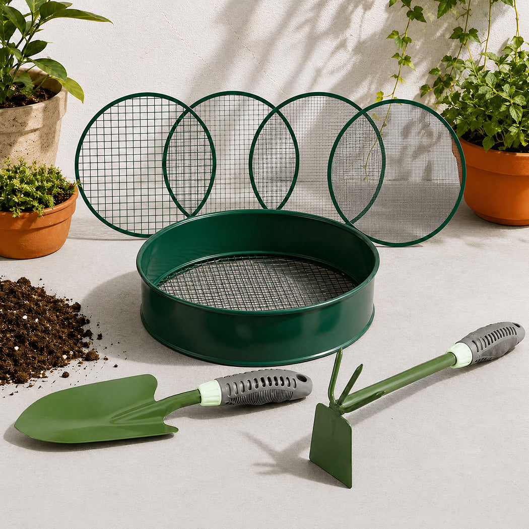 Garden Sieve Soil Sifter Set Metal 4 Mesh Inserts Shovel Hoe for Pots Green-2100035035536166919
