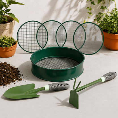 Garden Sieve Soil Sifter Set Metal 4 Mesh Inserts Shovel Hoe for Pots Green-2100035035536166919