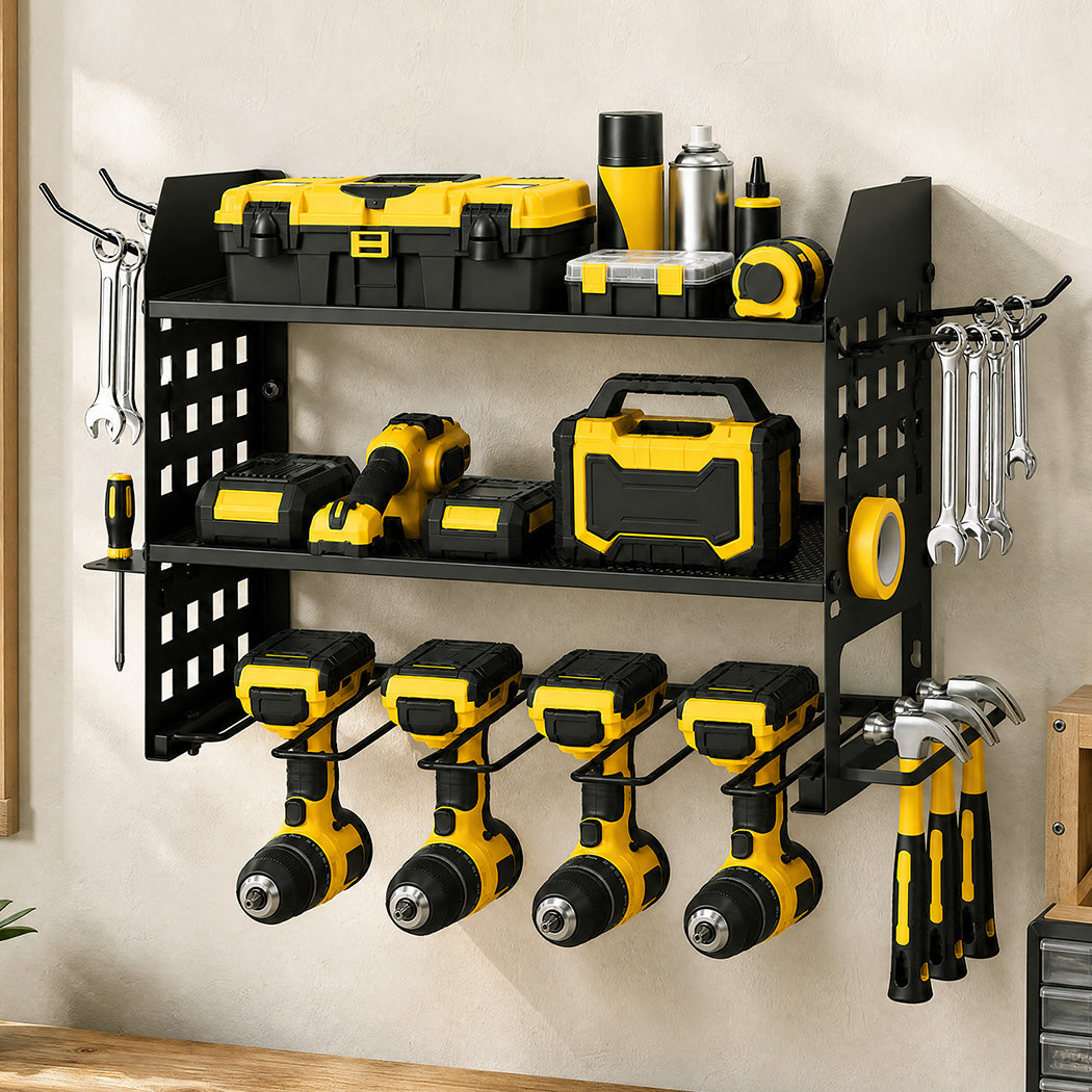 Levede Tool Storage Wall Mounted Tool Organiser Steel 3-Tier Rack Garage Black-2109799601542991880