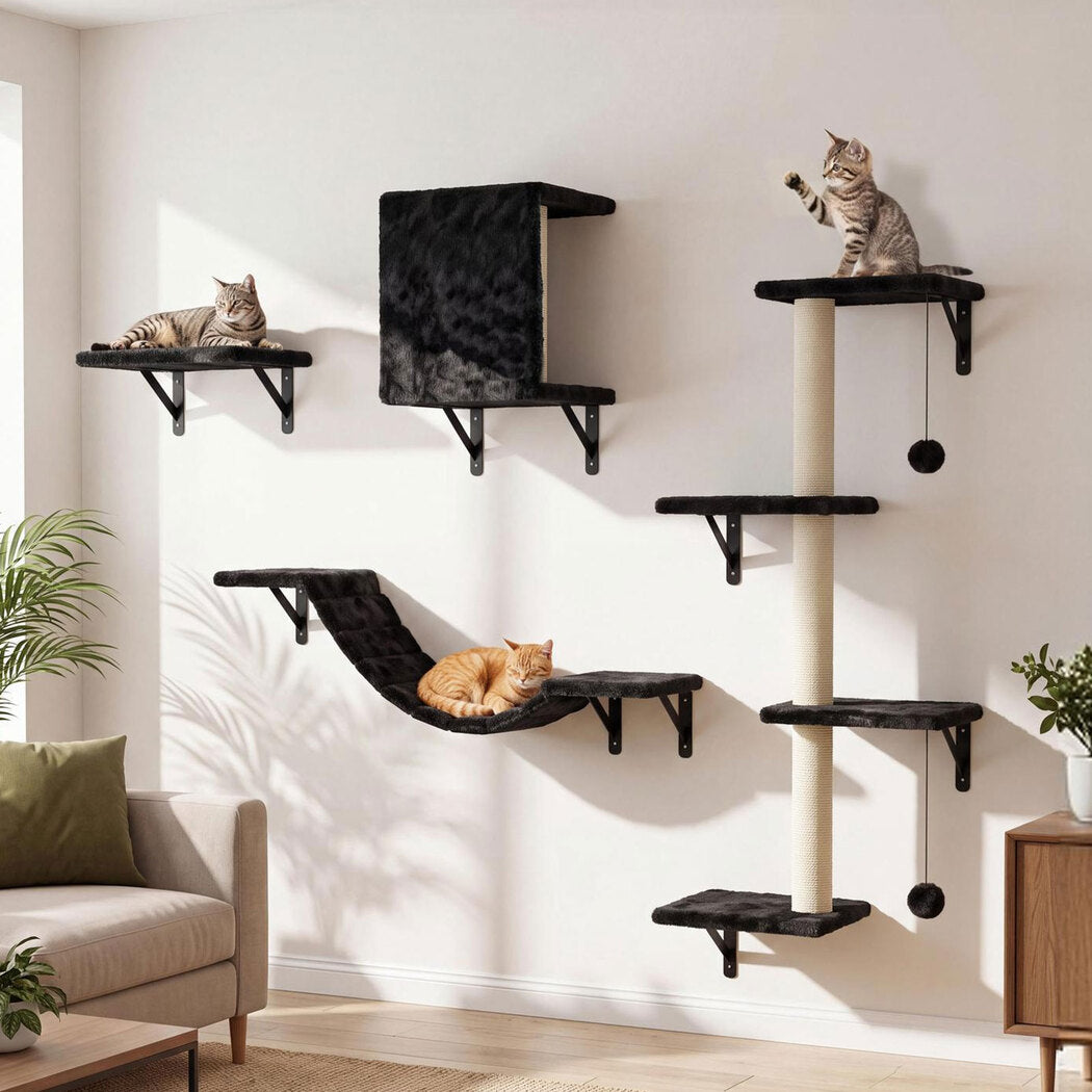 PaWz Cat Wall Shelves set 4 In 1 Modular with Sisal Scratcher for Indoor Black-2109799598774751240