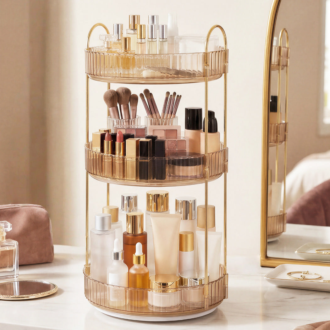 Ilus 360� Roating Makeup Organiser Vanity Countertop Shelf Cosmetic Holder Gold-2050056779160752135