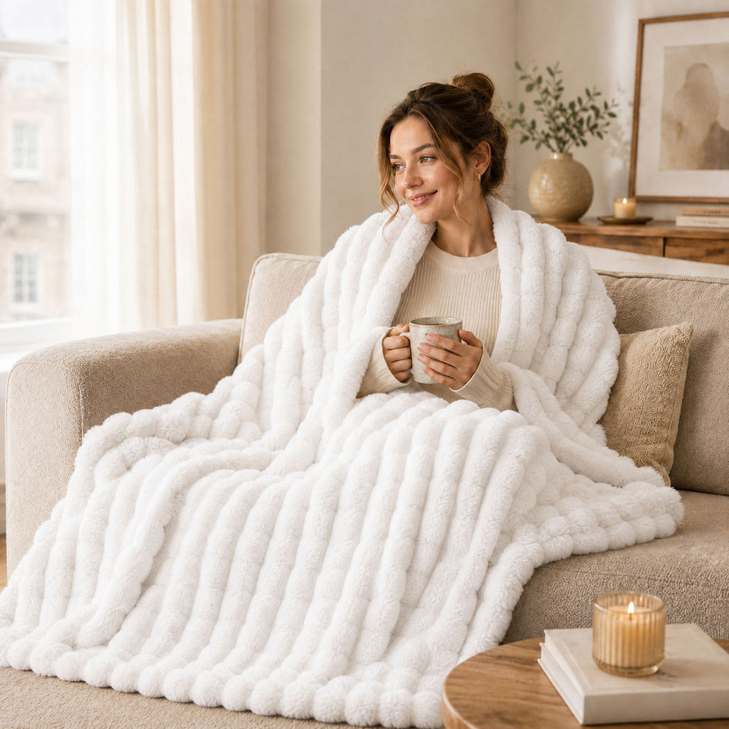 DreamZ Throw Blanket Fluffy Bubble Sofa Blanket Washable 200x240cm White-2109799587911503880