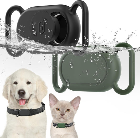 Dog Collar Holder (2 Pack) for Galaxy SmartTag2 - Waterproof Silicone Case for Pets, Scratch-Resistant Protective Cover Accessory for Samsung Galaxy SmartTag2 (Black/Olive Green)