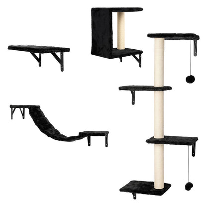PaWz Cat Wall Shelves set 4 In 1 Modular with Sisal Scratcher for Indoor Black-2109799598774751233