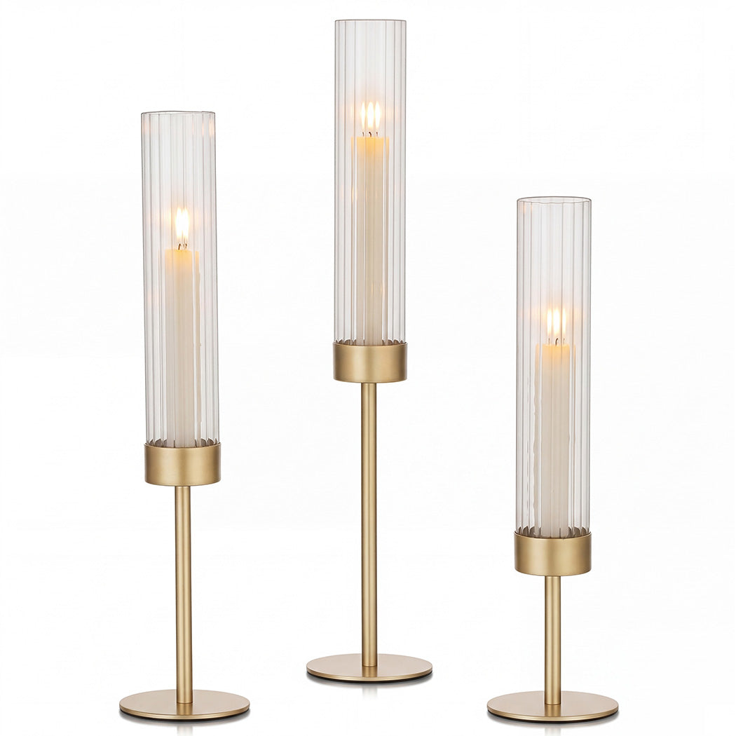 Levede Candle Holder 3Pc Removable Windproof Glass Shade Metal  Gold-2100034938635161600