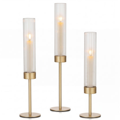 Levede Candle Holder 3Pc Removable Windproof Glass Shade Metal  Gold-2100034938635161600