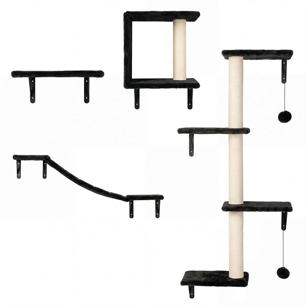 PaWz Cat Wall Shelves set 4 In 1 Modular with Sisal Scratcher for Indoor Black-2109799598774751234