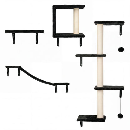 PaWz Cat Wall Shelves set 4 In 1 Modular with Sisal Scratcher for Indoor Black-2109799598774751234