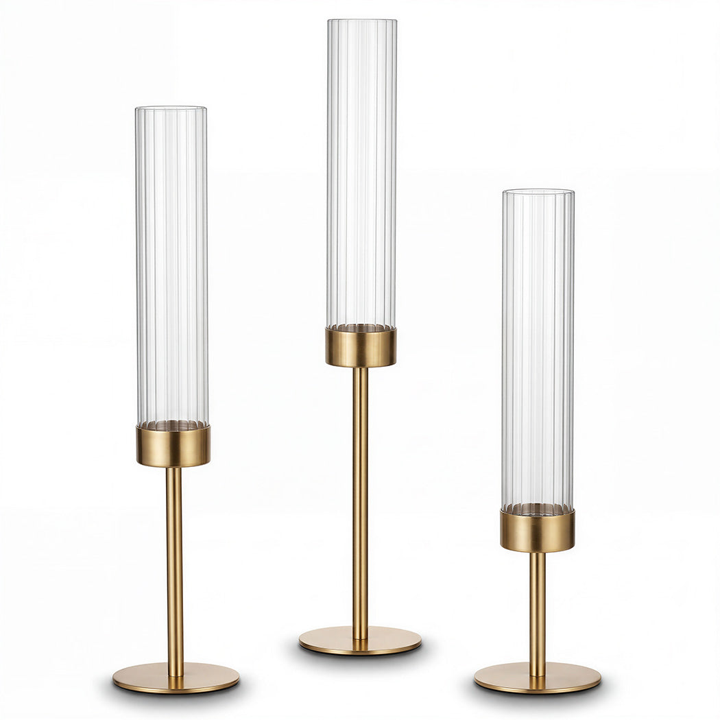 Levede Candle Holder 3Pc Removable Windproof Glass Shade Metal  Gold-2100034938635161601