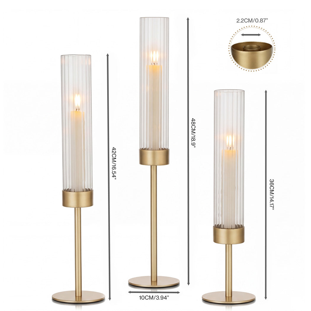 Levede Candle Holder 3Pc Removable Windproof Glass Shade Metal  Gold-2100034938635161602