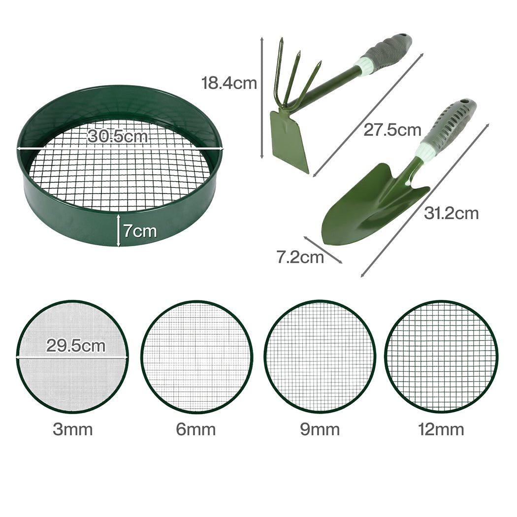 Garden Sieve Soil Sifter Set Metal 4 Mesh Inserts Shovel Hoe for Pots Green-2100035035536166914