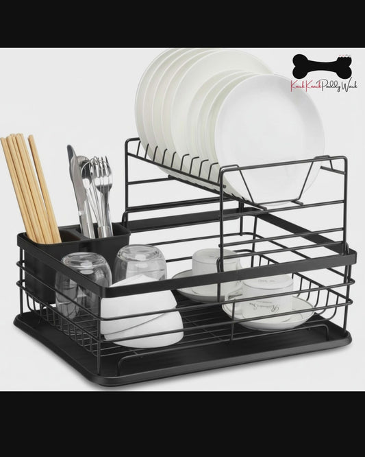 CARLA HOME 2-Tier Dish Drying Rack with Removable Drip Tray, Utensil Holder &amp; Cutlery Organiser - Black