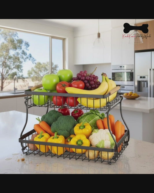 CARLA HOME 2-Tier Fruit Basket Metal Storage Bowl with Wooden Handles