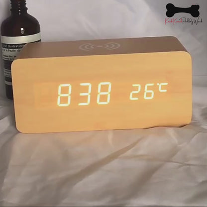 Digital Wooden Alarm Clock Table Desk Bedside LED Clock With Wireless Charger